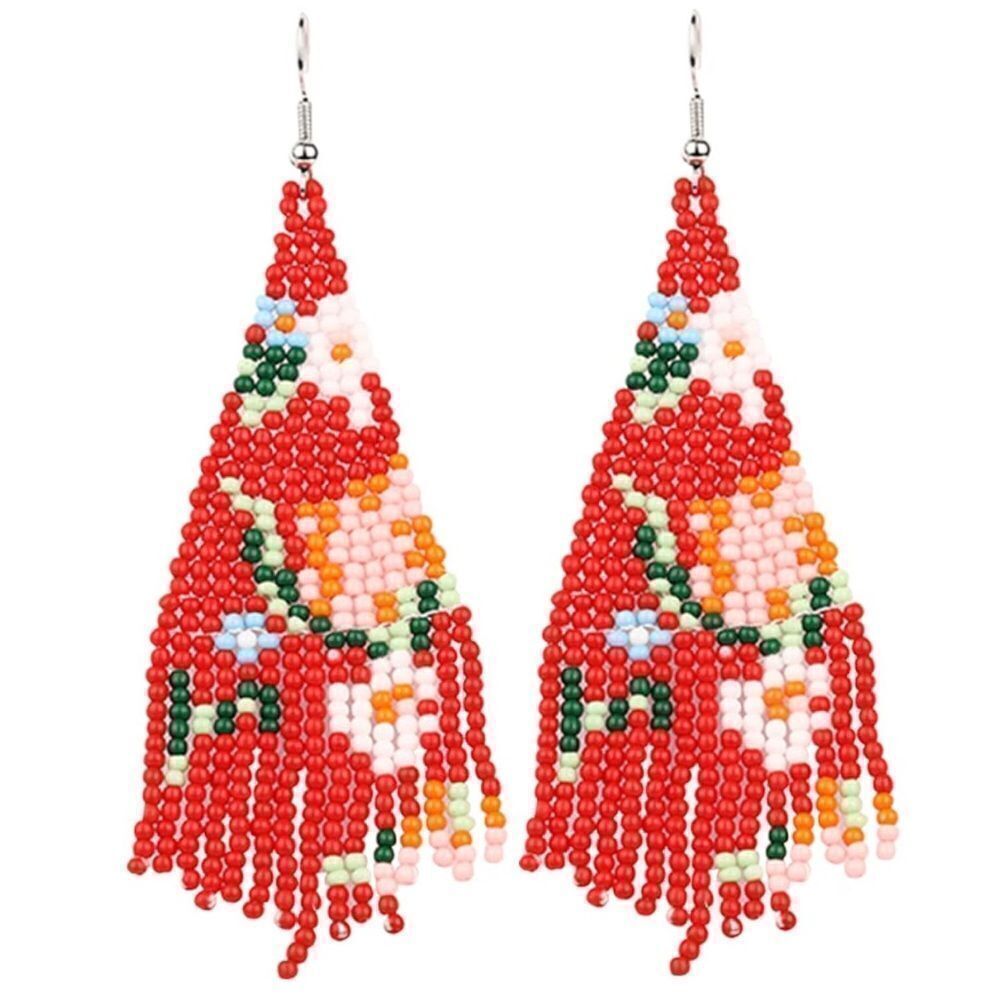 Flower Boho Seed Bead Tassel Dangling Statement French Wire Hook Earrings